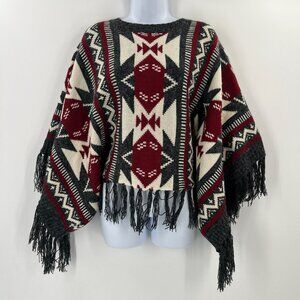 RAGA Women's Small Red Gray Southwestern Aztec Fringe Boho Poncho Sweater‎